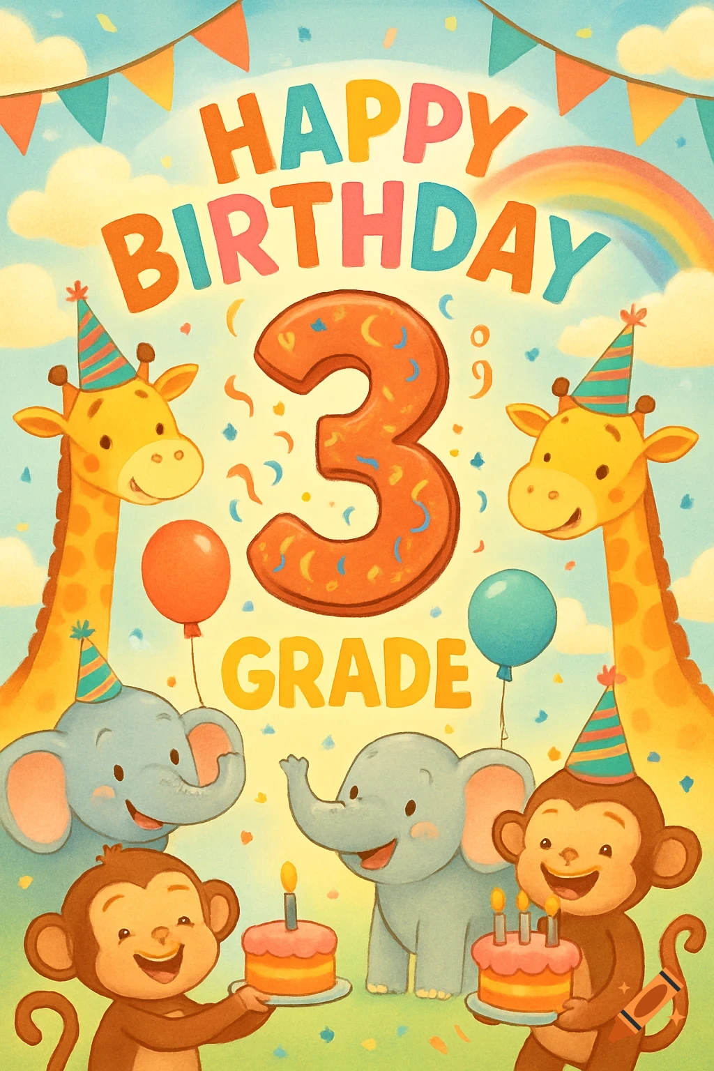 Colorful cartoon birthday poster with giraffes, elephants, and monkeys celebrating around a large '3 GRADE' text.