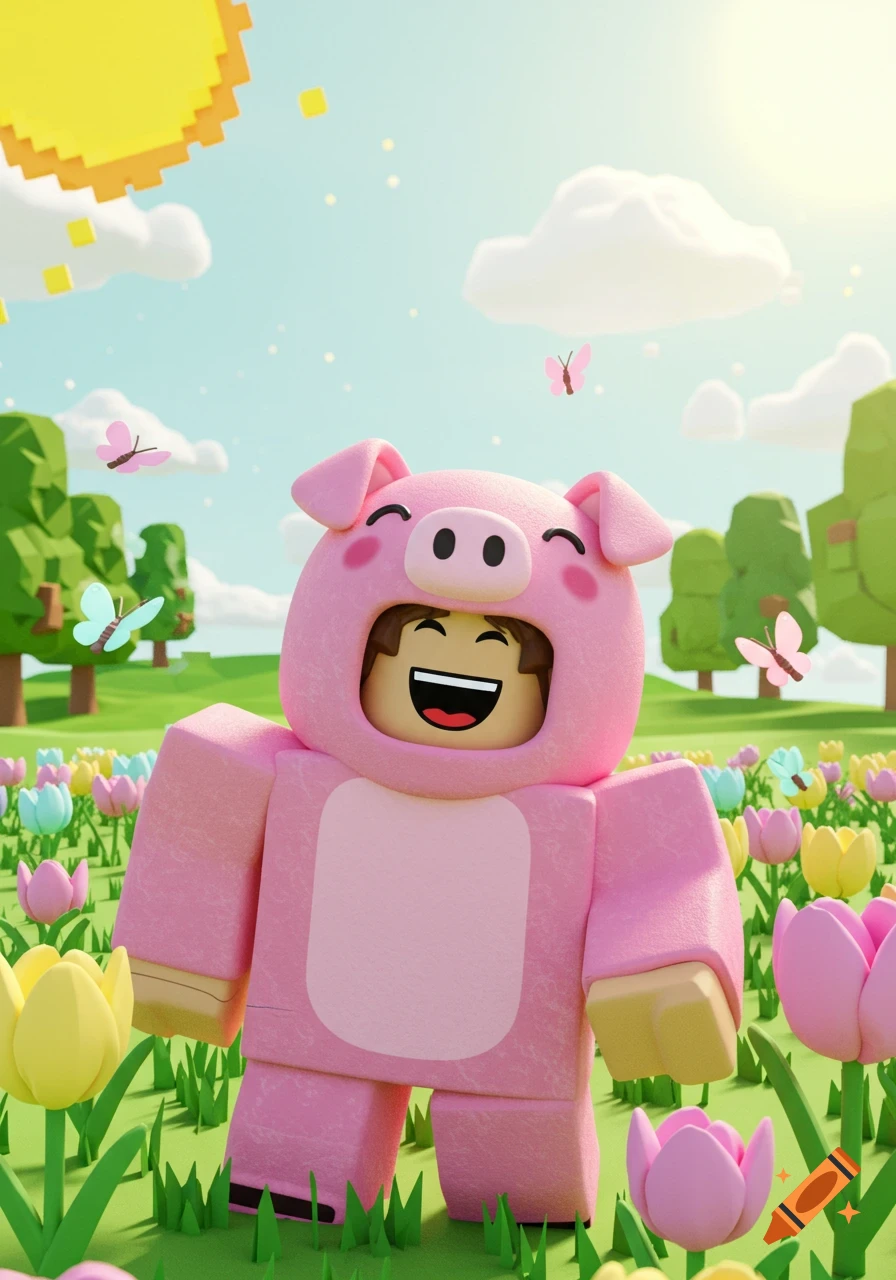 A smiling Roblox character in a pink pig costume stands in a field of colorful tulips under a blue sky with butterflies. 3D cartoon.