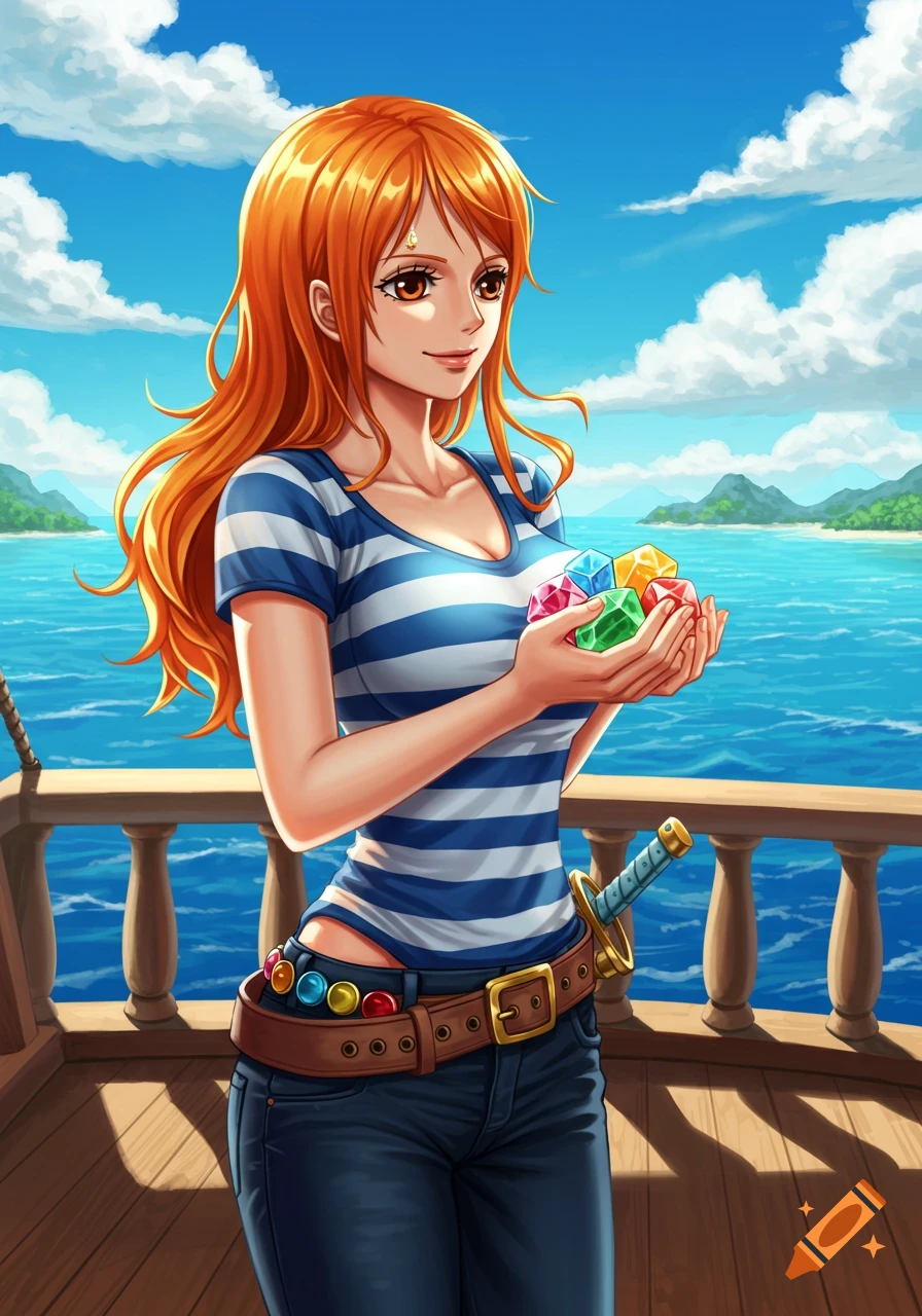 Nami from One Piece stands on a ship deck, holding colorful gemstones, with the ocean and islands in the background.