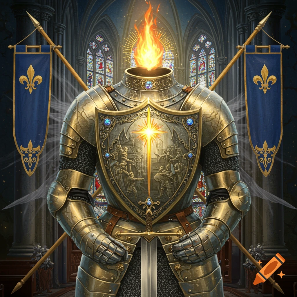 Headless golden armor with a flaming neck, holding a sword, in a Gothic cathedral with stained glass windows and blue banners.