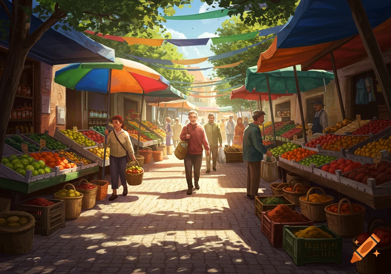 Vibrant illustration of a bustling outdoor market street with people browsing colorful fruit and vegetable stalls under awnings.