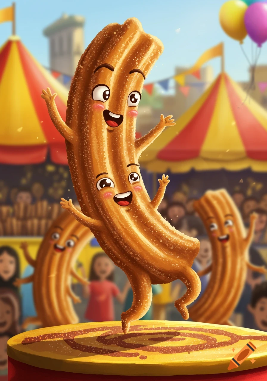 A vibrant cartoon illustration shows cheerful anthropomorphic churros dancing on a stage at a festive carnival.