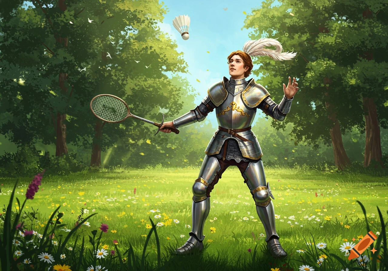 A knight in shining armor with a feathered helmet plays badminton in a vibrant, sunlit field surrounded by green trees and wildflowers.