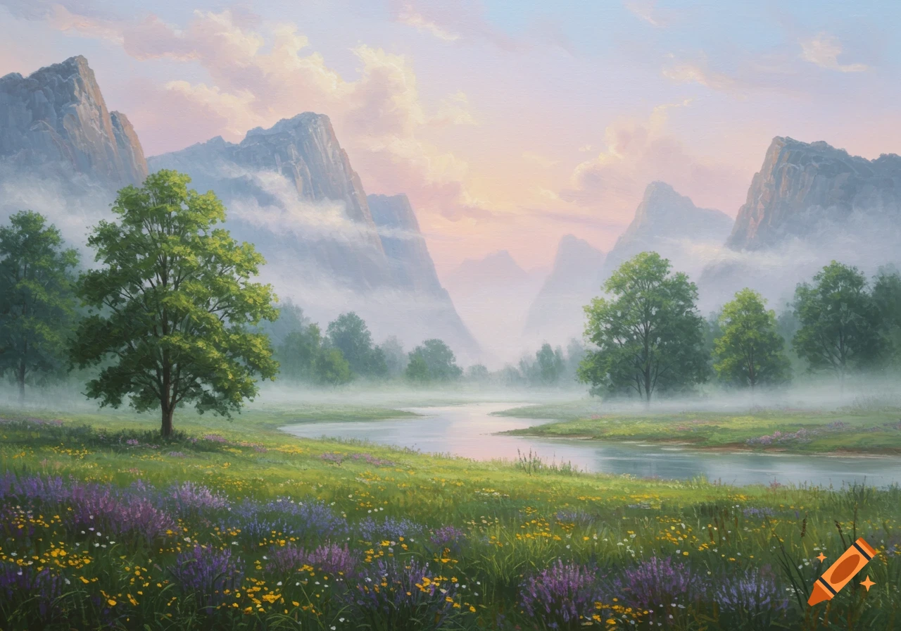 A serene landscape painting featuring misty mountains, a winding river, and a vibrant field of wildflowers under a soft sky.