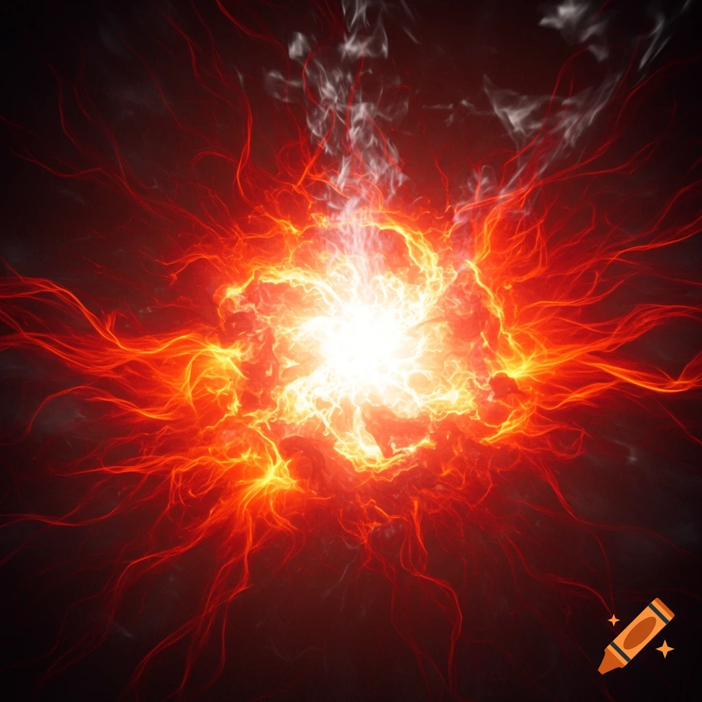 A vibrant burst of white light surrounded by radiating red and orange energy tendrils against a dark background, depicting thermal energy.