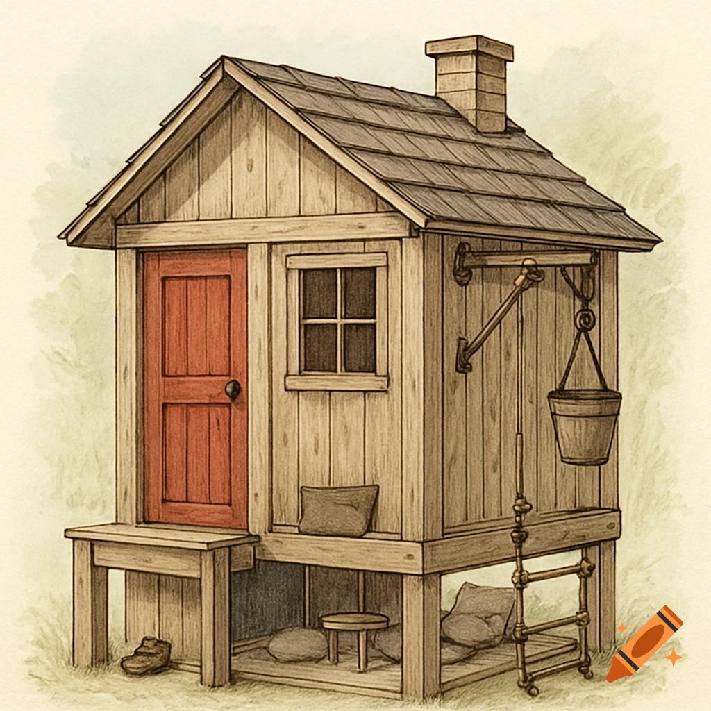 Watercolor sketch of a rustic wooden clubhouse with a red door, small window, pulley system with a bucket, and a small space underneath with pillows.