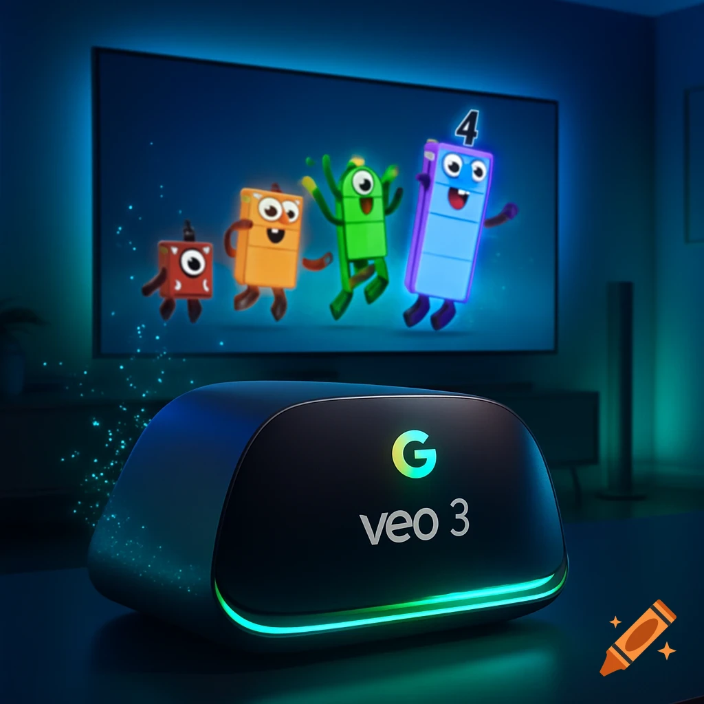 A black Google Veo 3 device glows with blue and green light, with a TV in the background showing colorful Numberblocks characters.