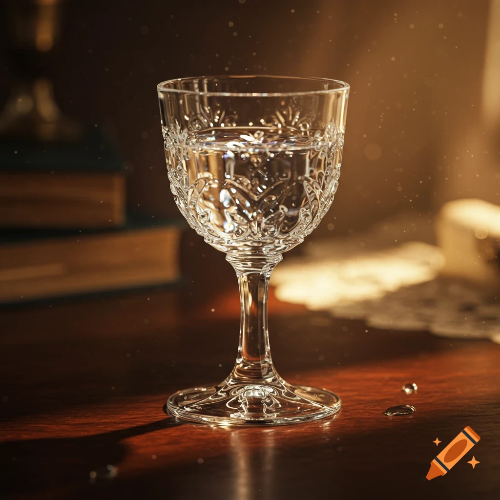 An ornate crystal goblet filled with clear liquid sits on a polished wooden table, illuminated by a warm light with visible dust motes.