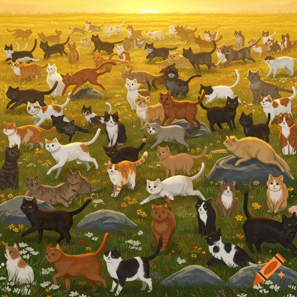 A large group of domestic cats of various colors and breeds are scattered across a sunny, green field with wildflowers and rocks under a bright yellow sky.