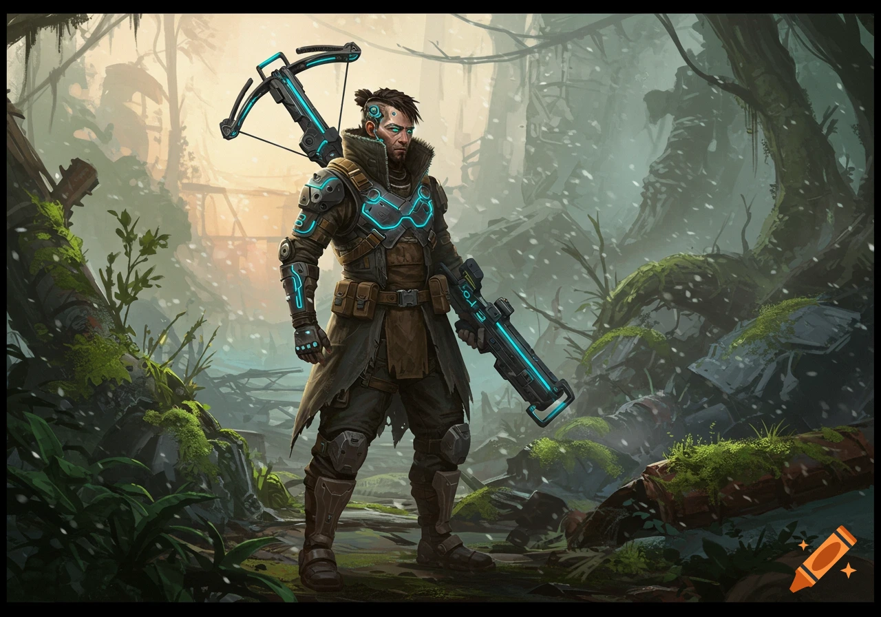 A futuristic ranger in glowing armor stands in a snowy, overgrown forest, holding a sci-fi gun and crossbow. Digital art.