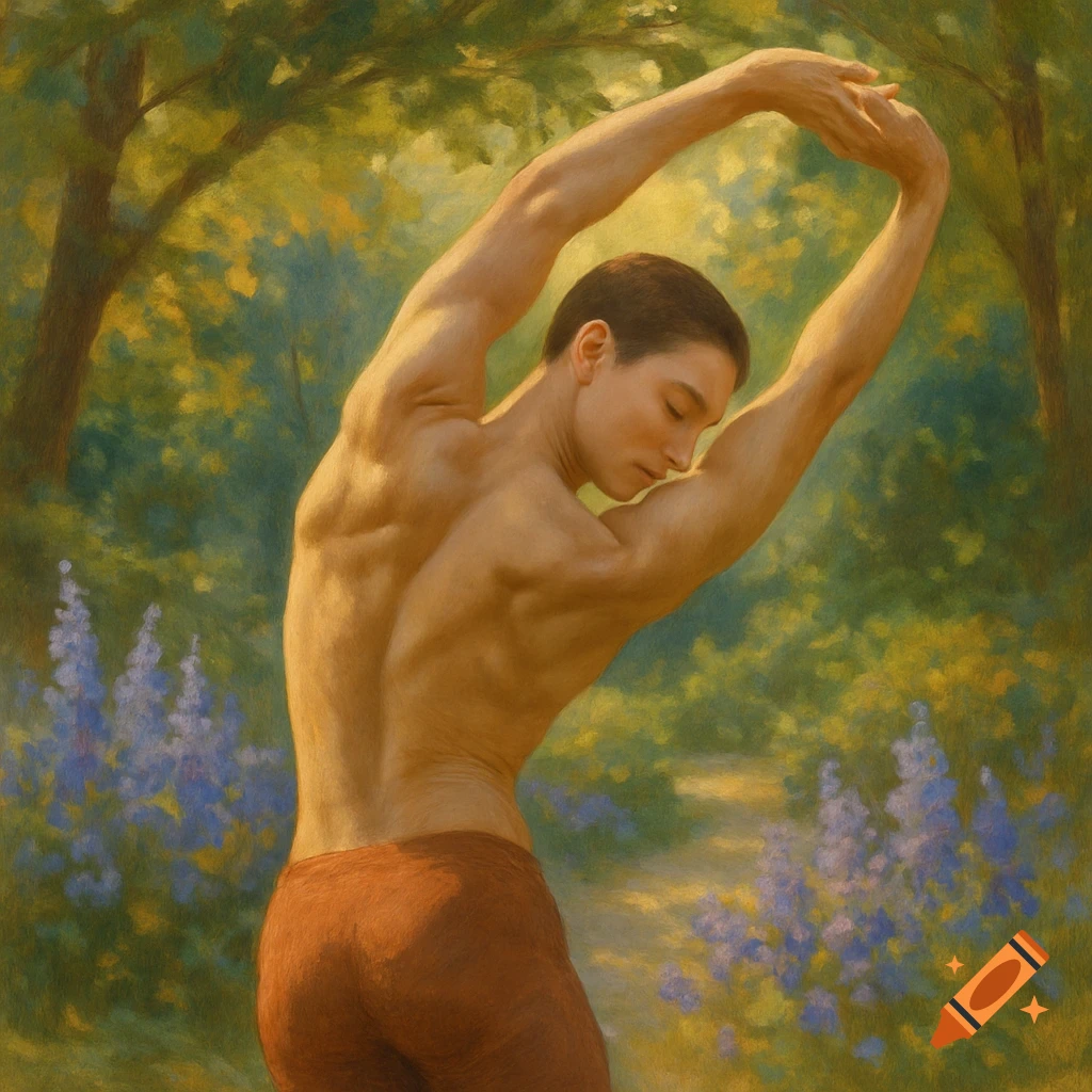A muscular man in a painting style, stretching with arms overhead in a lush, green forest with purple flowers.