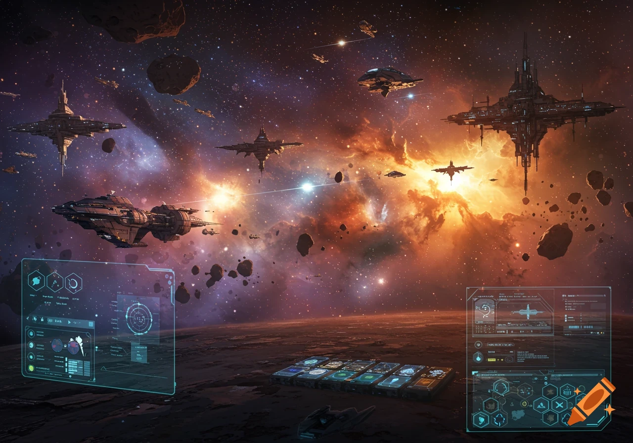 A detailed space scene with multiple futuristic spaceships and stations, a colorful nebula, asteroids, and holographic UI panels on a planet surface.