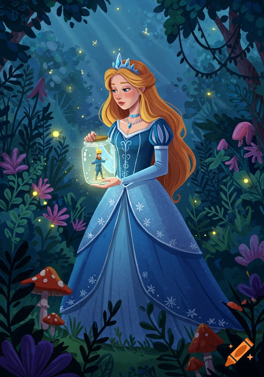 A fantasy princess in a blue gown with a crown holds a glowing jar containing a tiny prince, in a dark, magical forest.