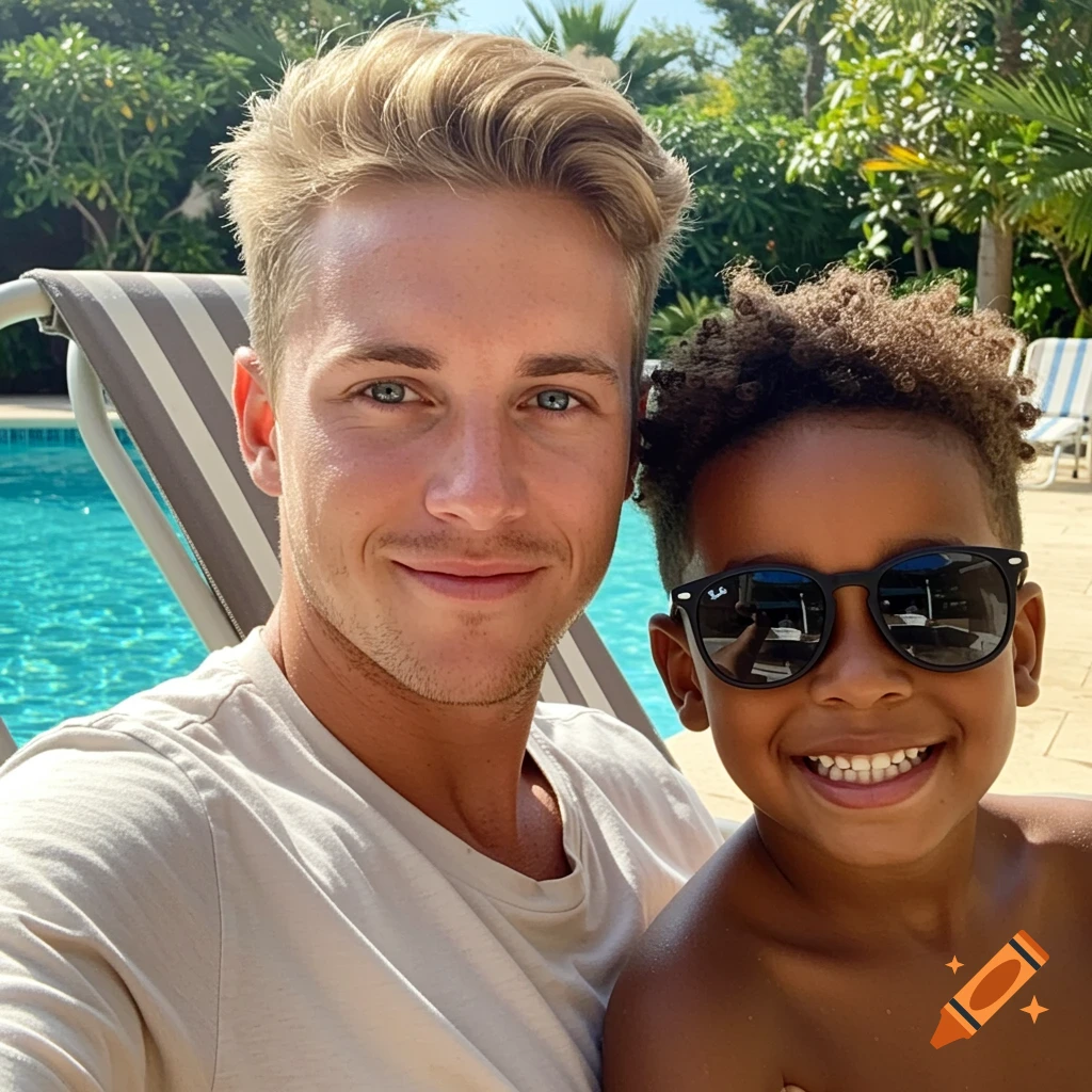 A smiling man with blonde hair and blue eyes takes a selfie with a smiling boy wearing sunglasses by a pool.