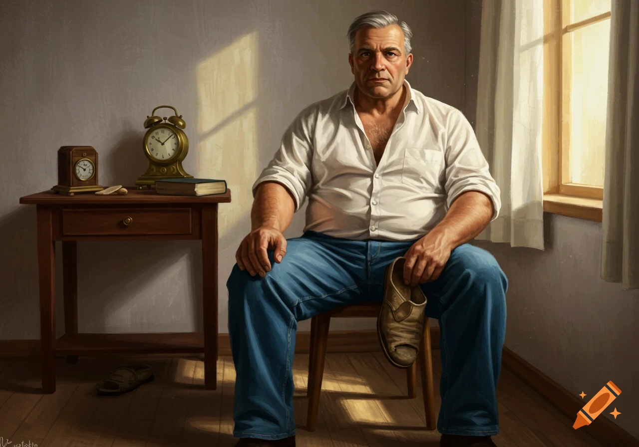 A strong, older man in a white shirt and blue jeans sits in a chair, holding a slipper, next to a table with clocks. Realistic art.