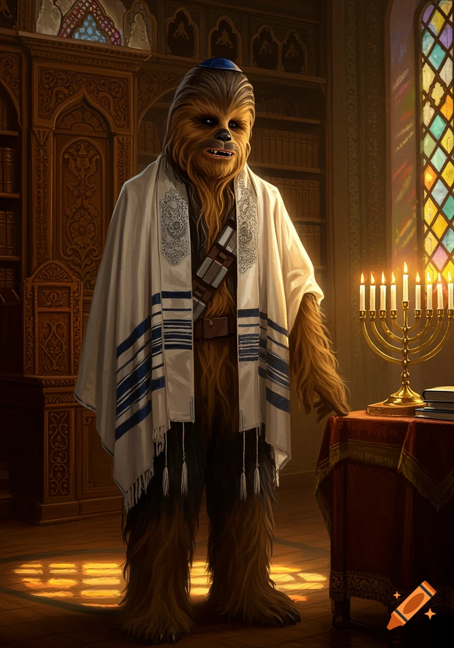 Chewbacca from Star Wars wearing a tallit and yarmulke in a synagogue, next to a lit menorah.
