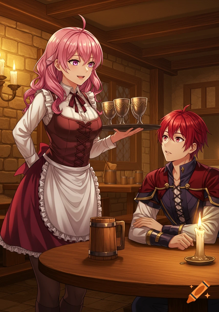 An anime waitress with pink hair serves a red-haired nobleman in a medieval pub.