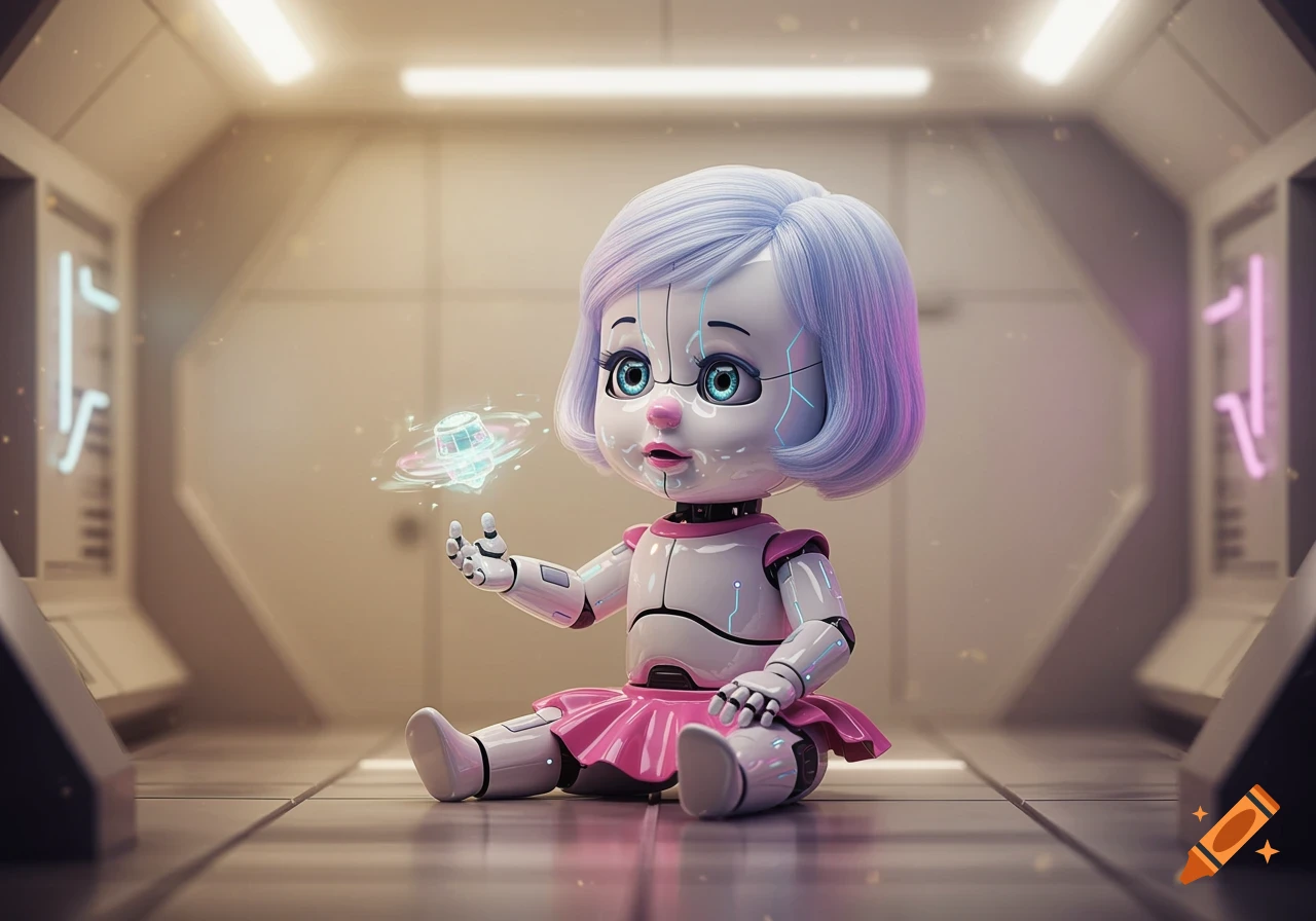A cute baby robot with blue and pink accents sits in a futuristic spaceship corridor, holding a glowing, spinning orb.