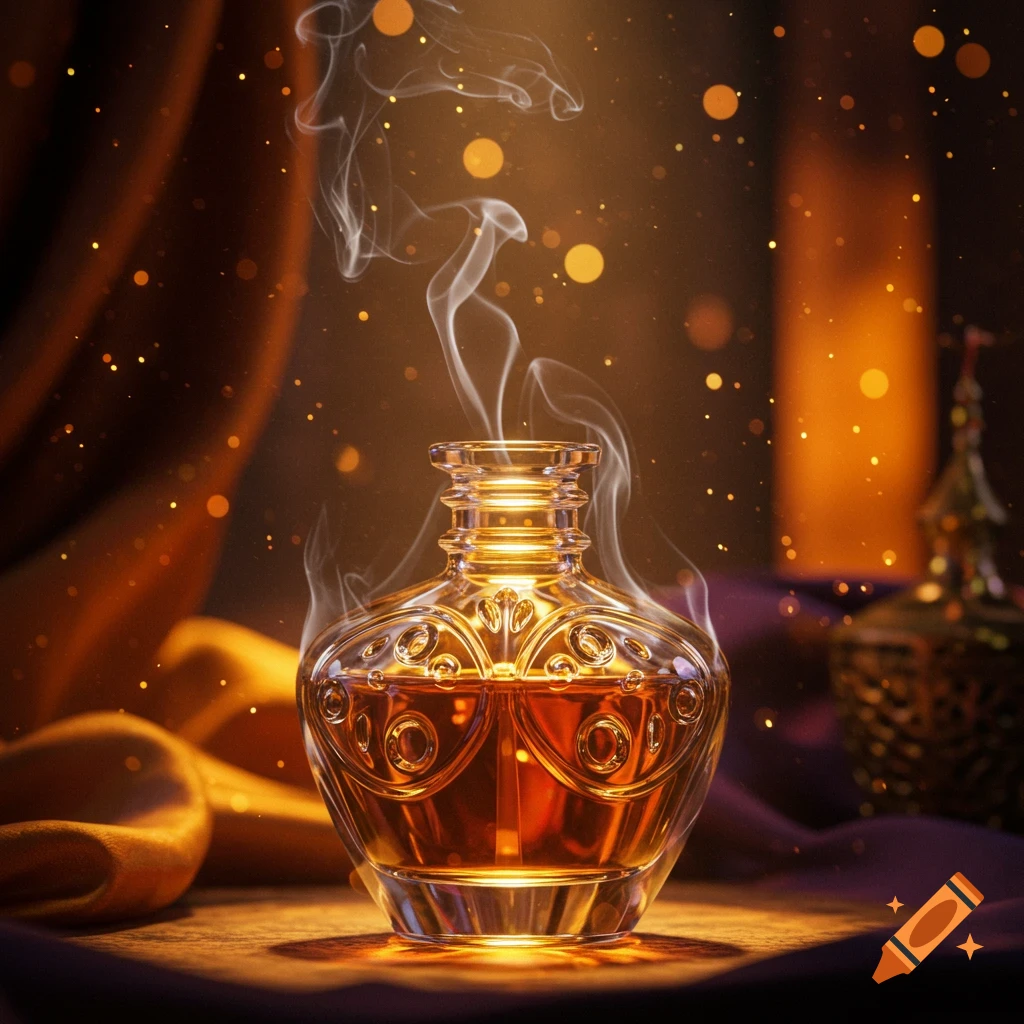 Ornate glass perfume bottle with smoke, golden light, and rich fabrics.