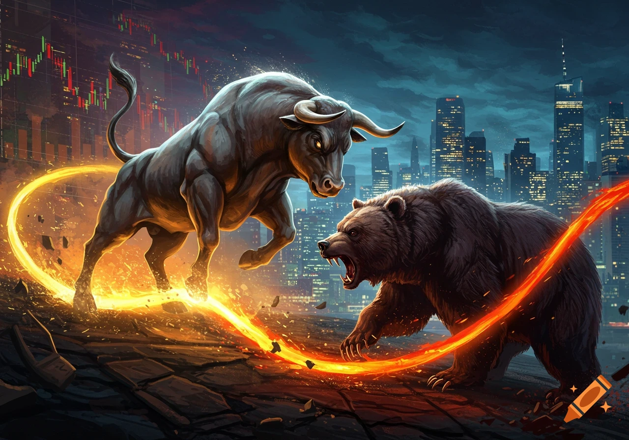 Muscular bull and roaring bear battle amidst fiery trails in front of a city skyline with stock market charts, stylized art.