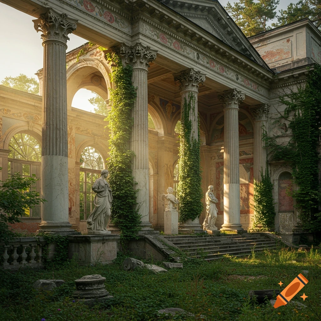 Sunlit neo-classical museum ruins with classical statues, overgrown vines, and crumbling facade in a photographic style.