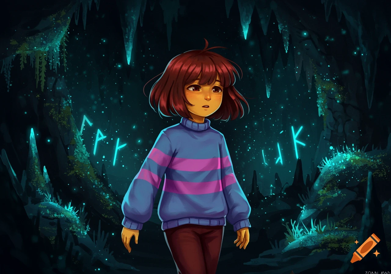 Frisk from Undertale stands in a dark, glowing blue cave with stalactites and mysterious runes, in an anime illustration style.