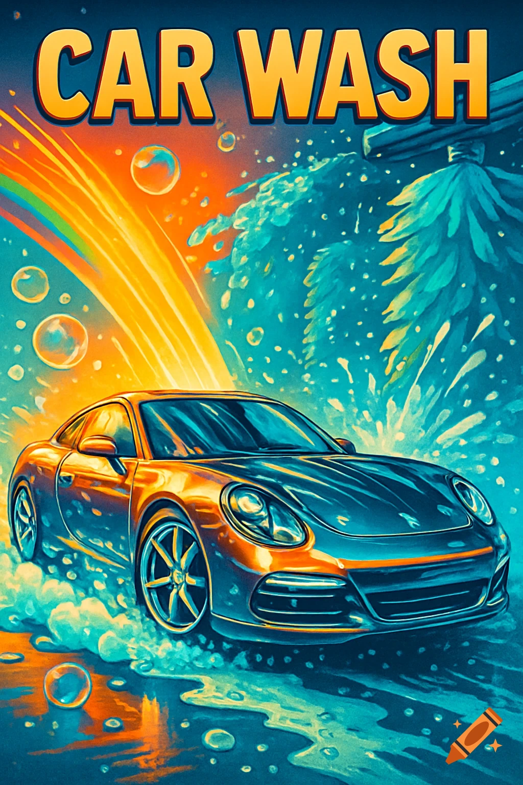 Stylized poster art depicting a sports car being washed under a rainbow with vibrant orange and blue colors, bubbles, and splashing water.