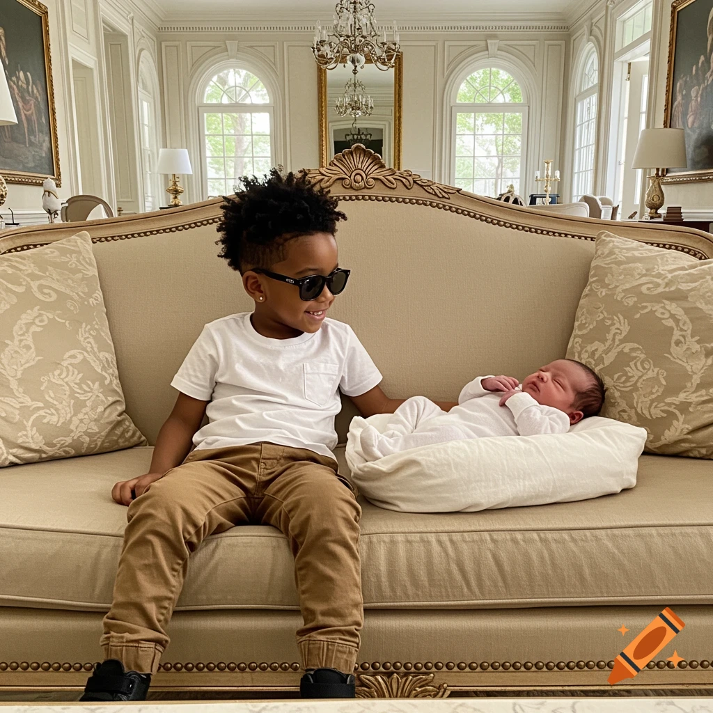 A young boy in sunglasses sits on a luxurious couch, smiling at a newborn baby sleeping next to him.