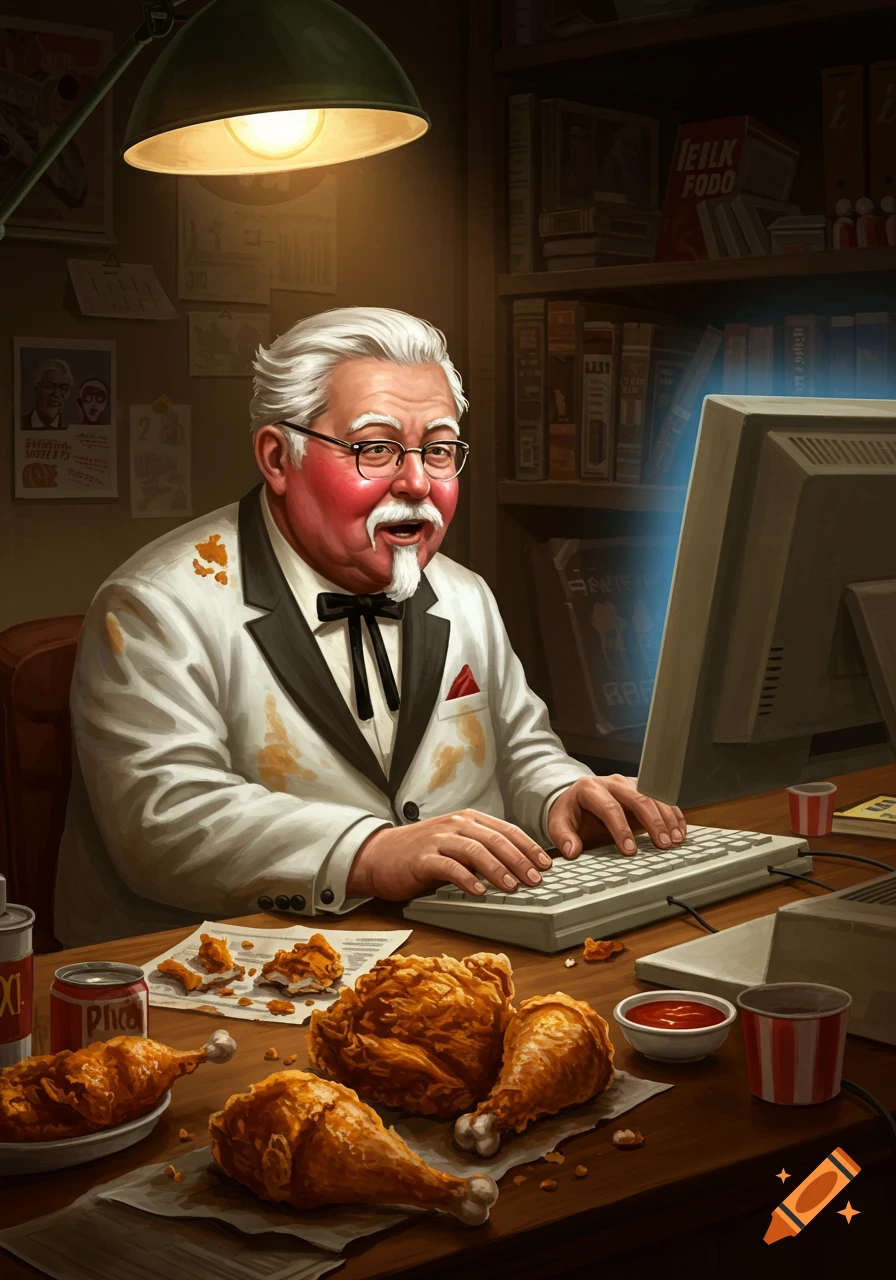 An illustration of a morbidly obese Colonel Sanders with a red face and white suit covered in grease stains, sitting at a computer and typing, surrounded by plates of fried chicken, a soda can, and crumbs on a wooden desk.