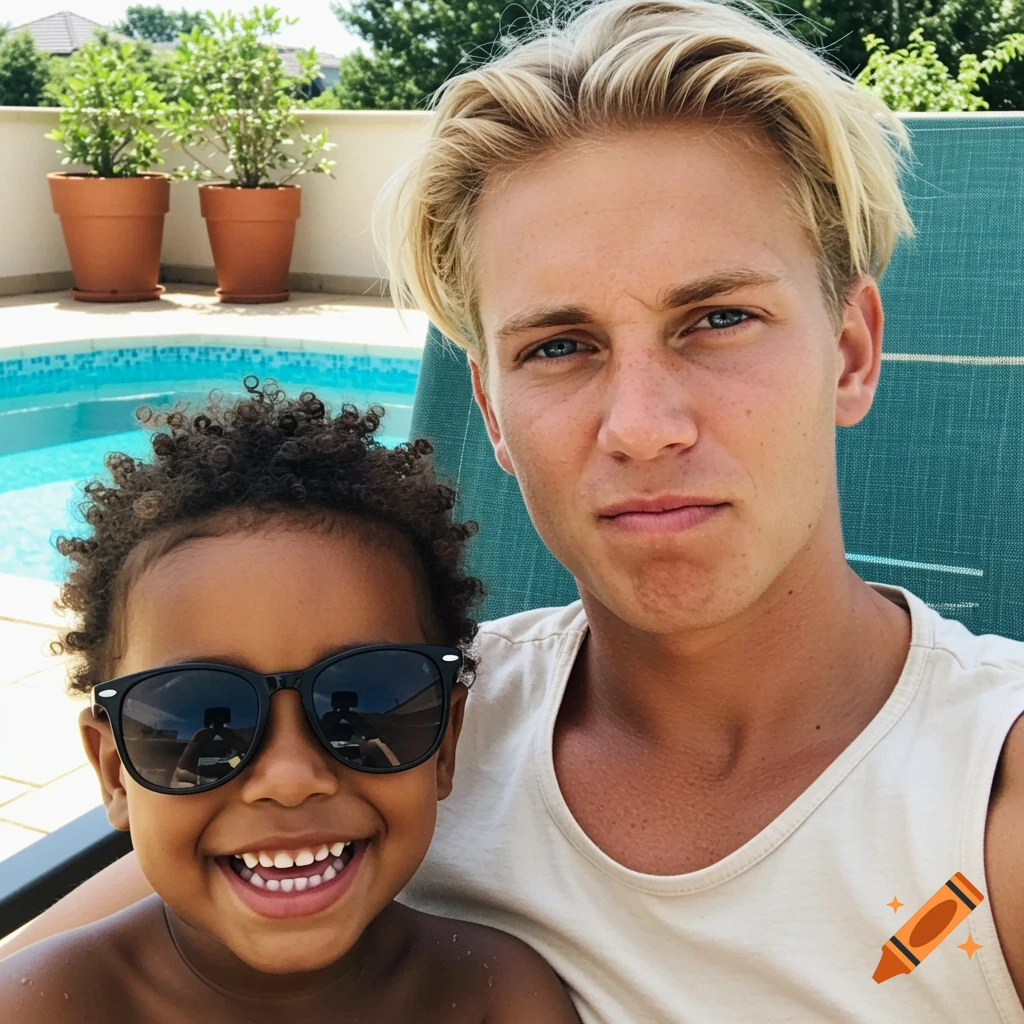 A blonde man and a smiling child in sunglasses are taking a selfie by a swimming pool.