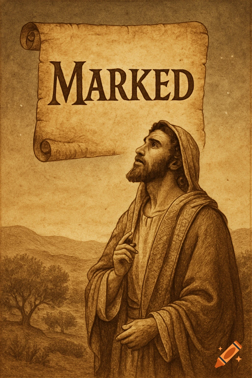 A bearded man in biblical attire looks up at a scroll with the word "MARKED" in an old illustration style.