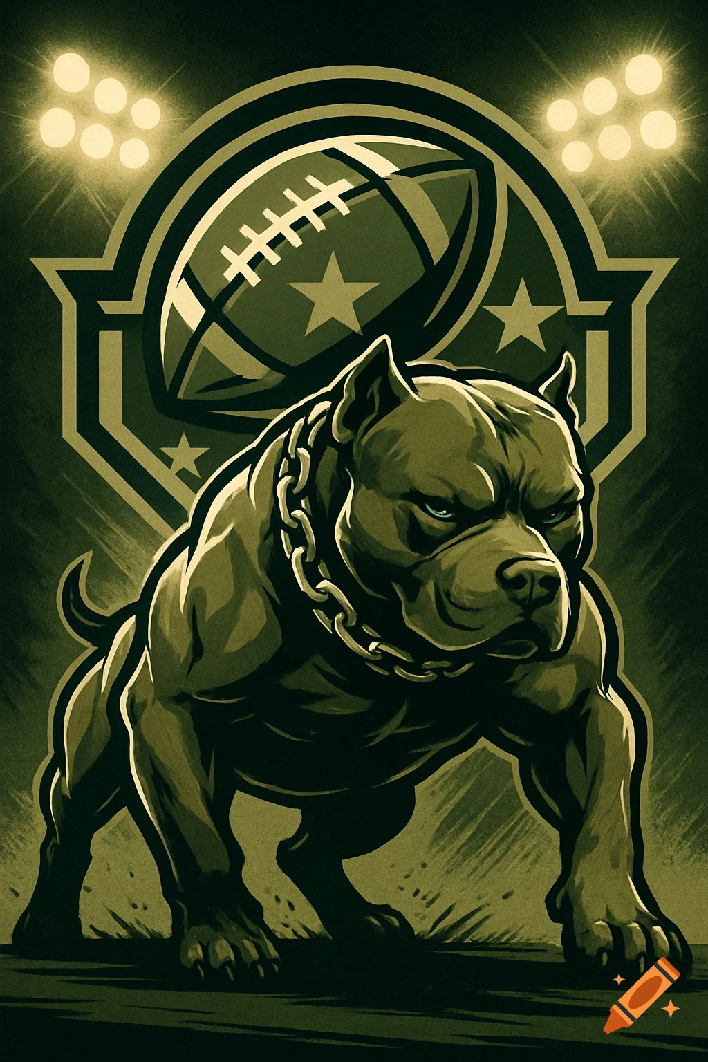A stylized digital art illustration of a powerful pitbull wearing a chain, with a football and stadium lights in the background, in olive green tones.