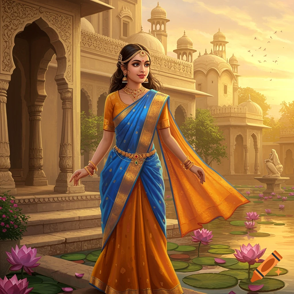 A young woman in traditional blue and orange Indian attire stands by a pond with lotus flowers, in front of an ornate palace at sunset.