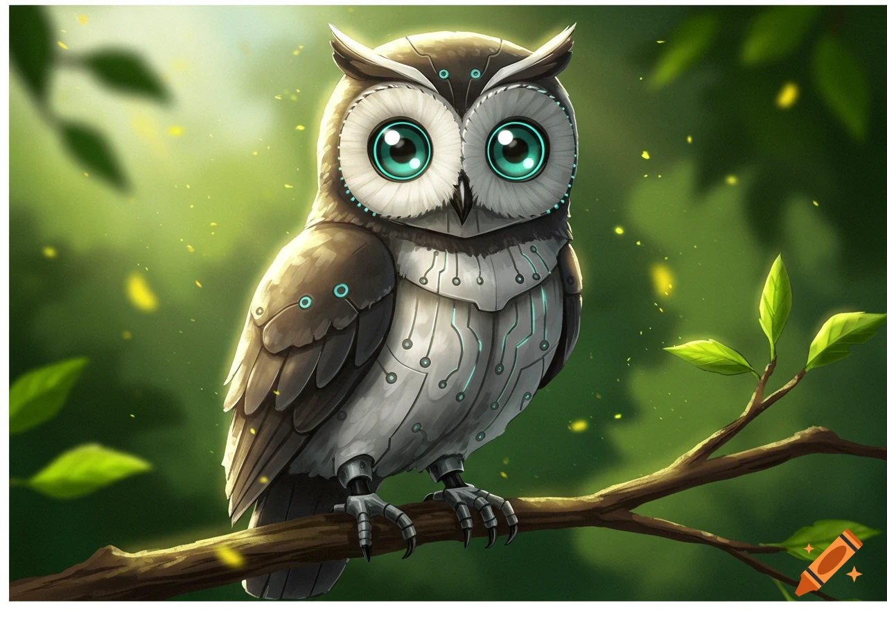 A futuristic AI owl with glowing turquoise eyes and circuit patterns, perched on a branch in a vibrant green forest.