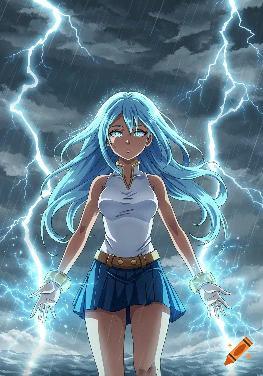 Anime woman with light blue hair and glowing eyes, generating lightning in a stormy, rainy sky.