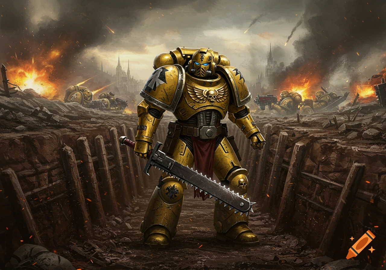 A gold armored Imperial Fists Space Marine stands in a trench, holding a chainsword, on a war-torn battlefield with explosions and other marines in the background.