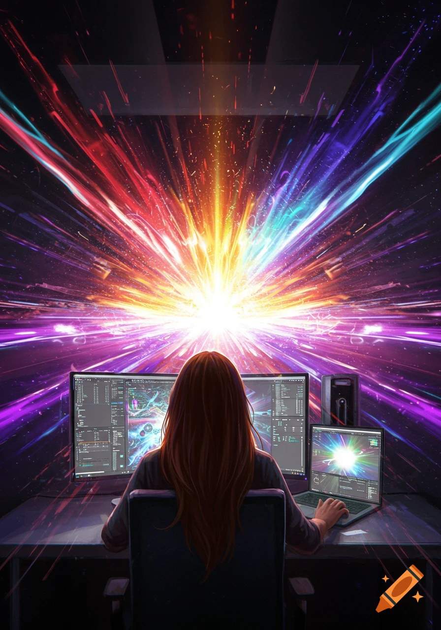 Digital art of a brown-haired woman at multiple computer monitors, surrounded by vibrant rainbow light, like entering hyperspace.