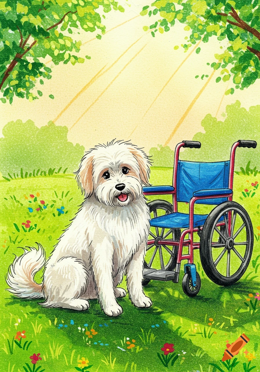 A fluffy white dog sits happily next to a blue and red wheelchair on a sunny green lawn with flowers and trees, in a crayon style.