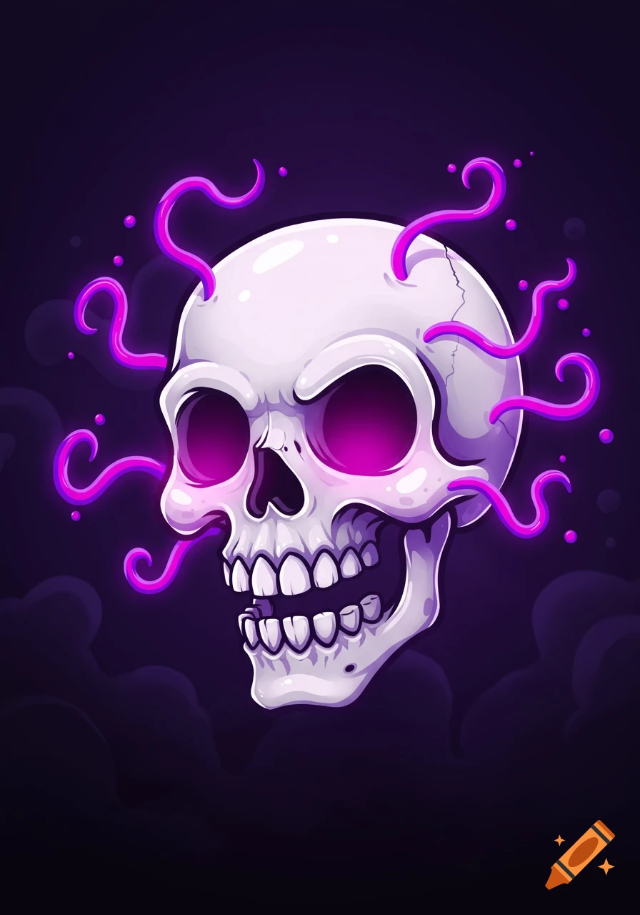 A stylized cartoon human skull with glowing purple eyes and pink glowing tendrils emerging from its head, set against a dark, smoky background.