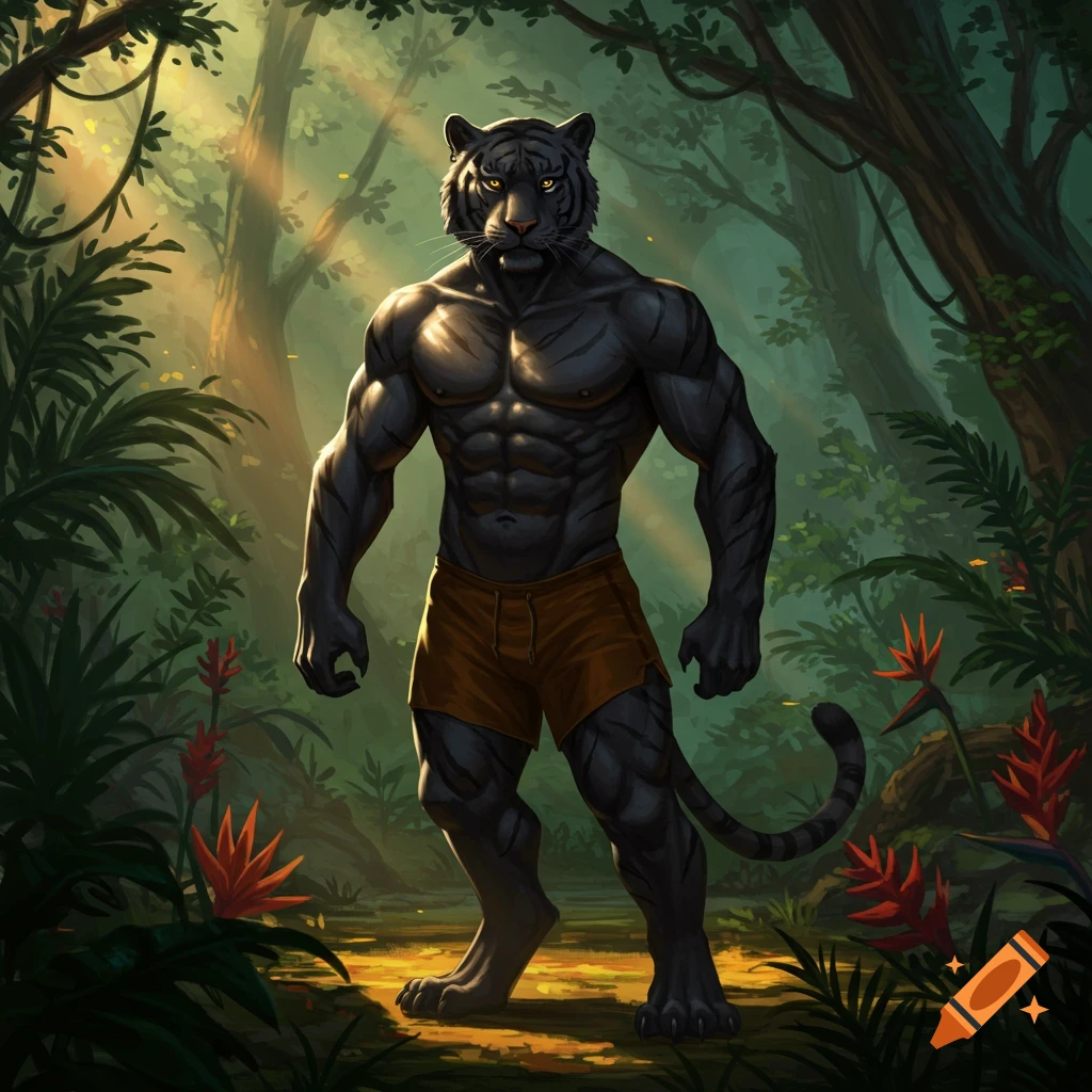 A muscular anthropomorphic black tiger wearing brown shorts stands in a lush jungle with light rays filtering through trees.