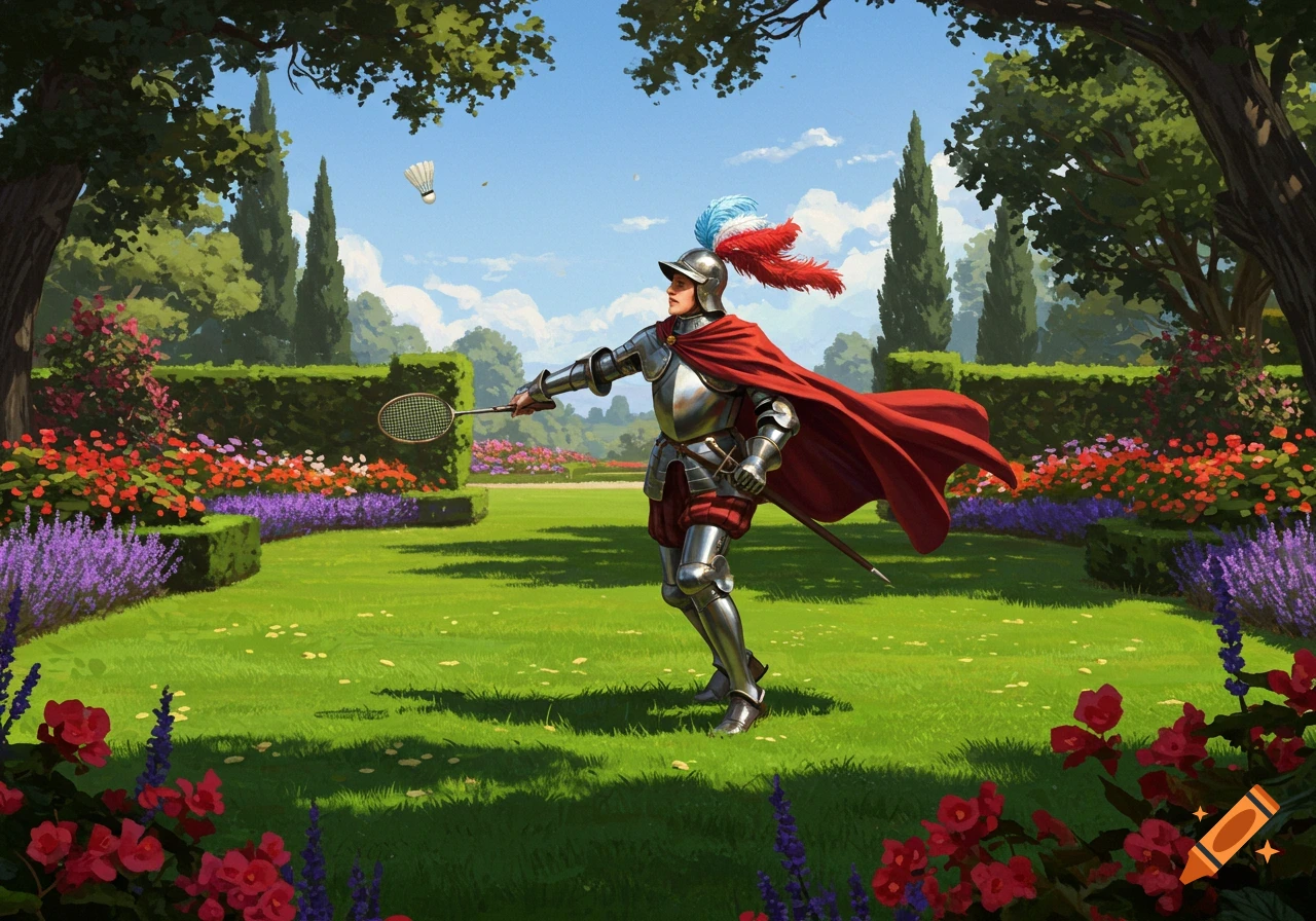 A knight in shining armor with a red cape and feathered helmet plays badminton in a vibrant garden with colorful flowers and green hedges.