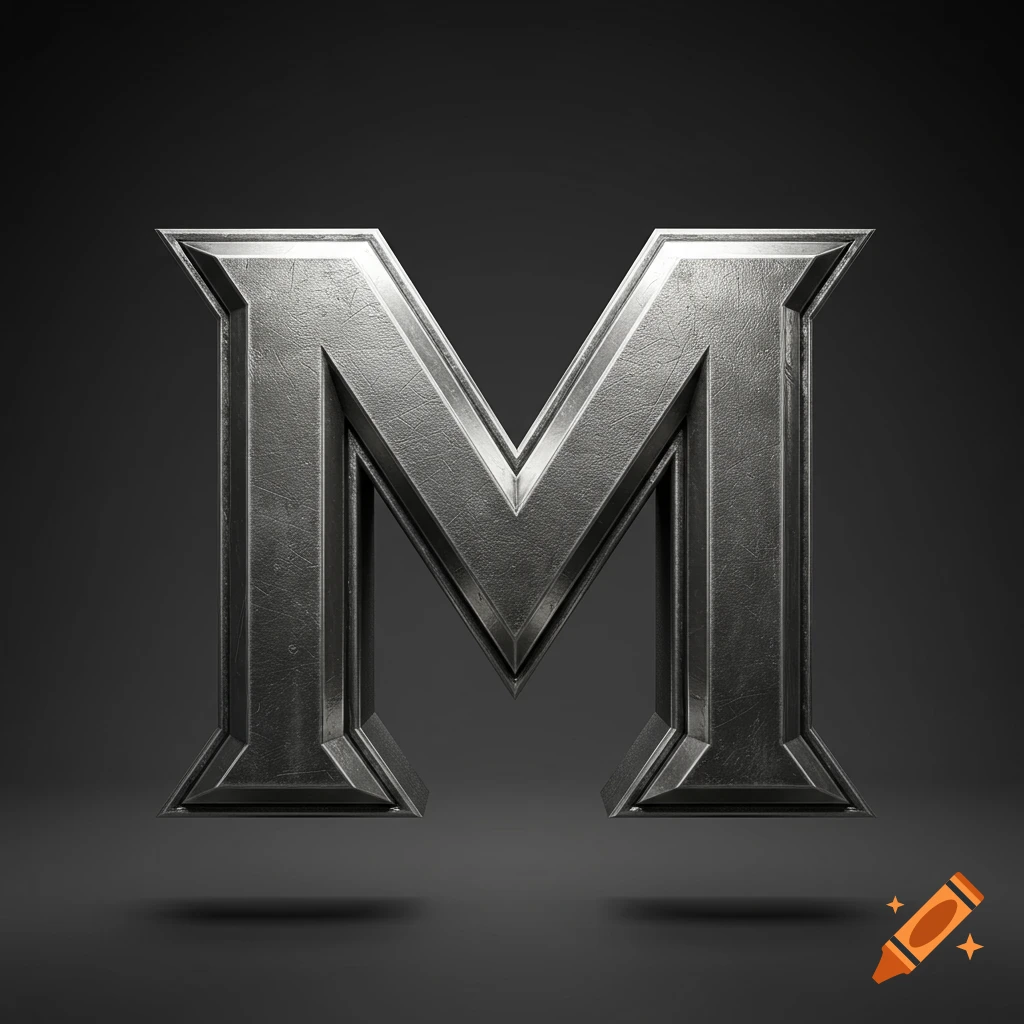 A detailed 3D metallic letter M with a textured, scratched surface and beveled edges, casting a shadow on a dark background.