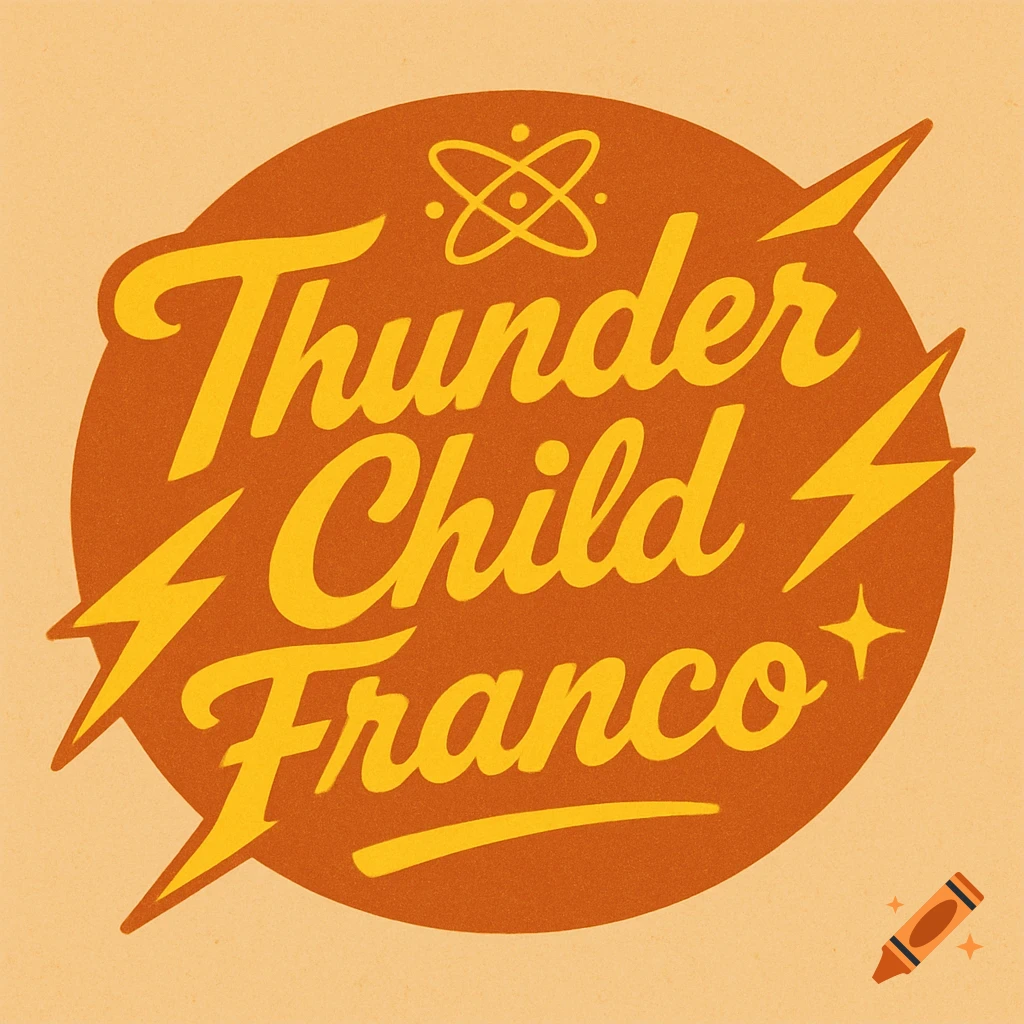 Retro logo with 'Thunder Child Franco' in yellow script on an orange circle, with lightning bolts and an atom symbol.