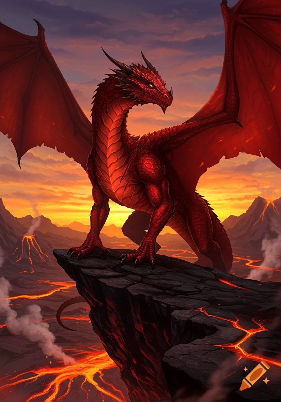A majestic red dragon stands on a cliff overlooking a fiery volcanic landscape with lava flows under an orange sunset.