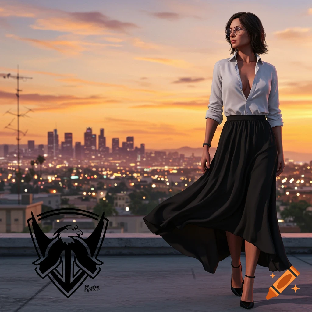 A woman in a white shirt, black skirt, and glasses stands on a rooftop overlooking a city skyline at sunset. A stylized eagle logo is in the foreground.
