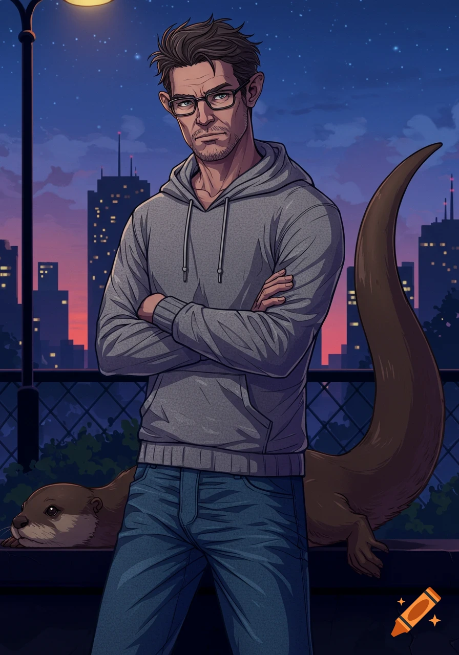 Anime man with glasses, grey hoodie, and blue jeans, with otter ears and tail, stands at night in front of a cityscape.