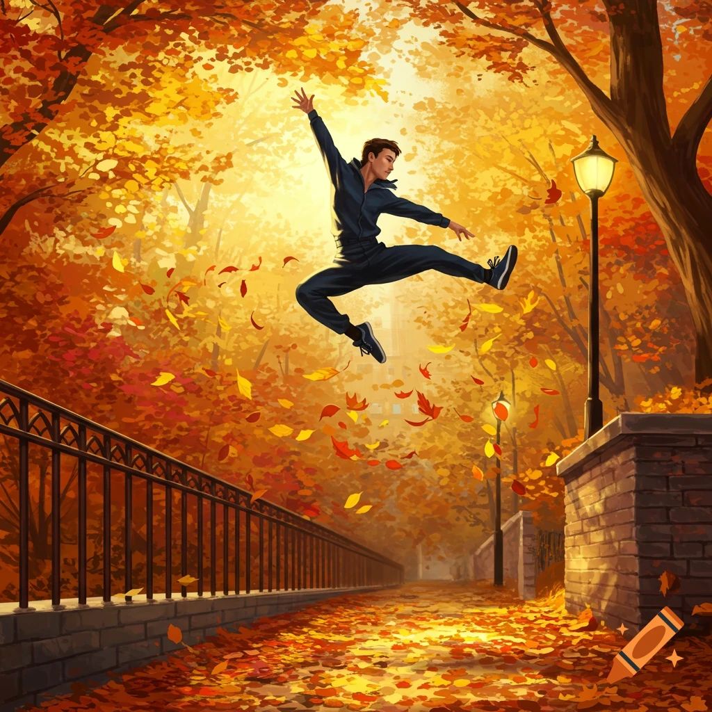 A man in a dark jumpsuit leaps joyfully in an autumn park, surrounded by falling orange and red leaves. Illustration.