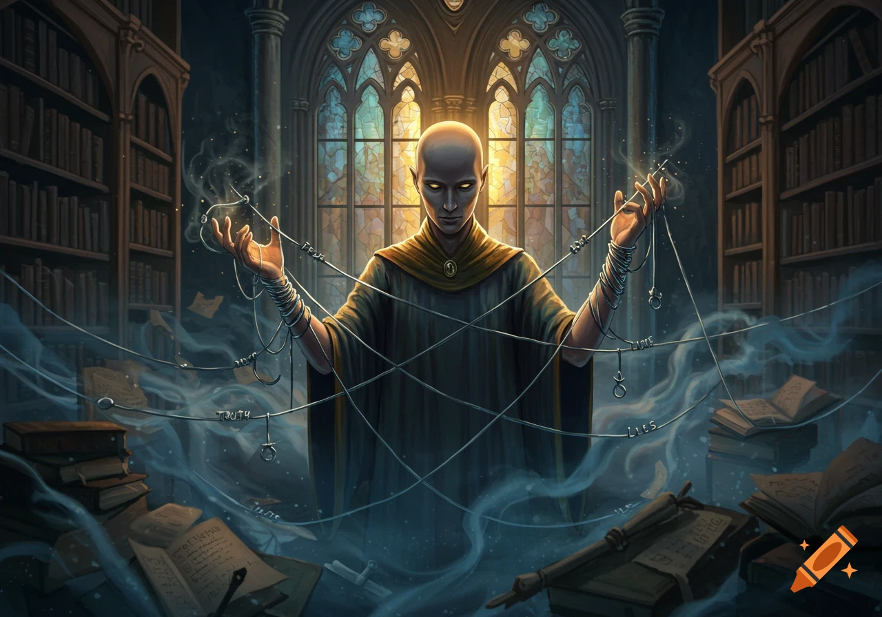 A bald, robed figure with glowing eyes stands in a dark, ornate library, manipulating strings labeled "truth" and "lies" amidst swirling mist and scattered books.