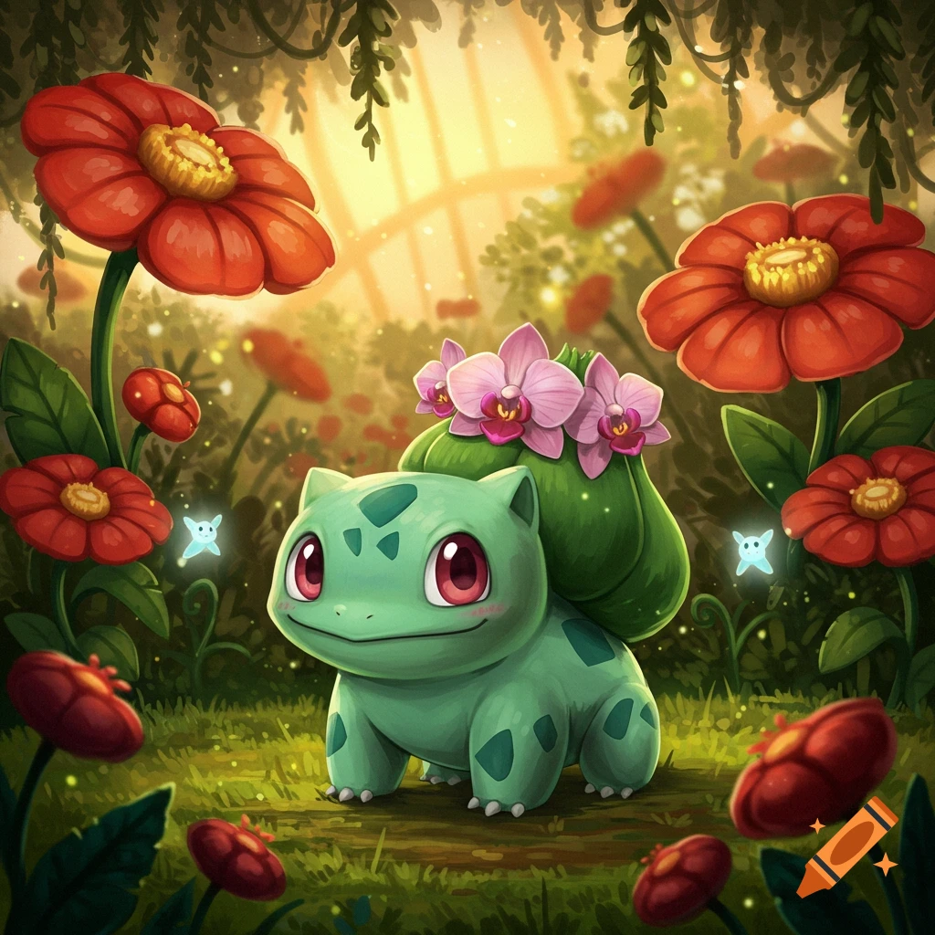 Cute Bulbasaur with pink orchids on its back, standing in a vibrant fantasy forest with large red flowers and glowing sprites.