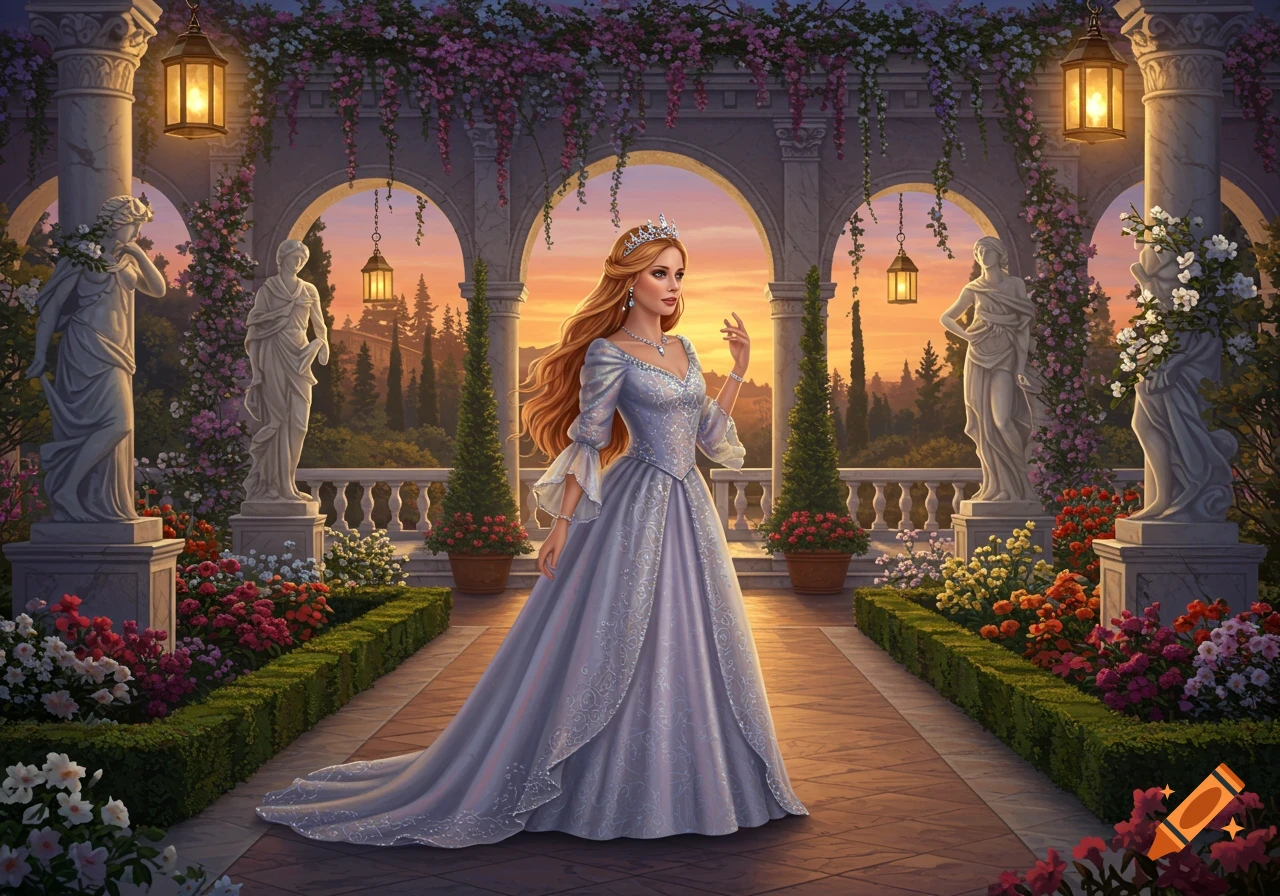 An elegant princess in a light blue gown stands in a grand palace garden with archways, statues, and blooming flowers at sunset.